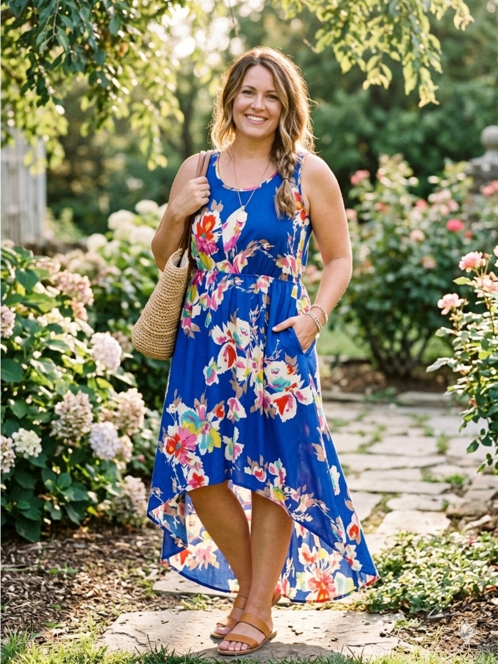 Xhilaration Royal Blue Floral Dress with Coral Accents